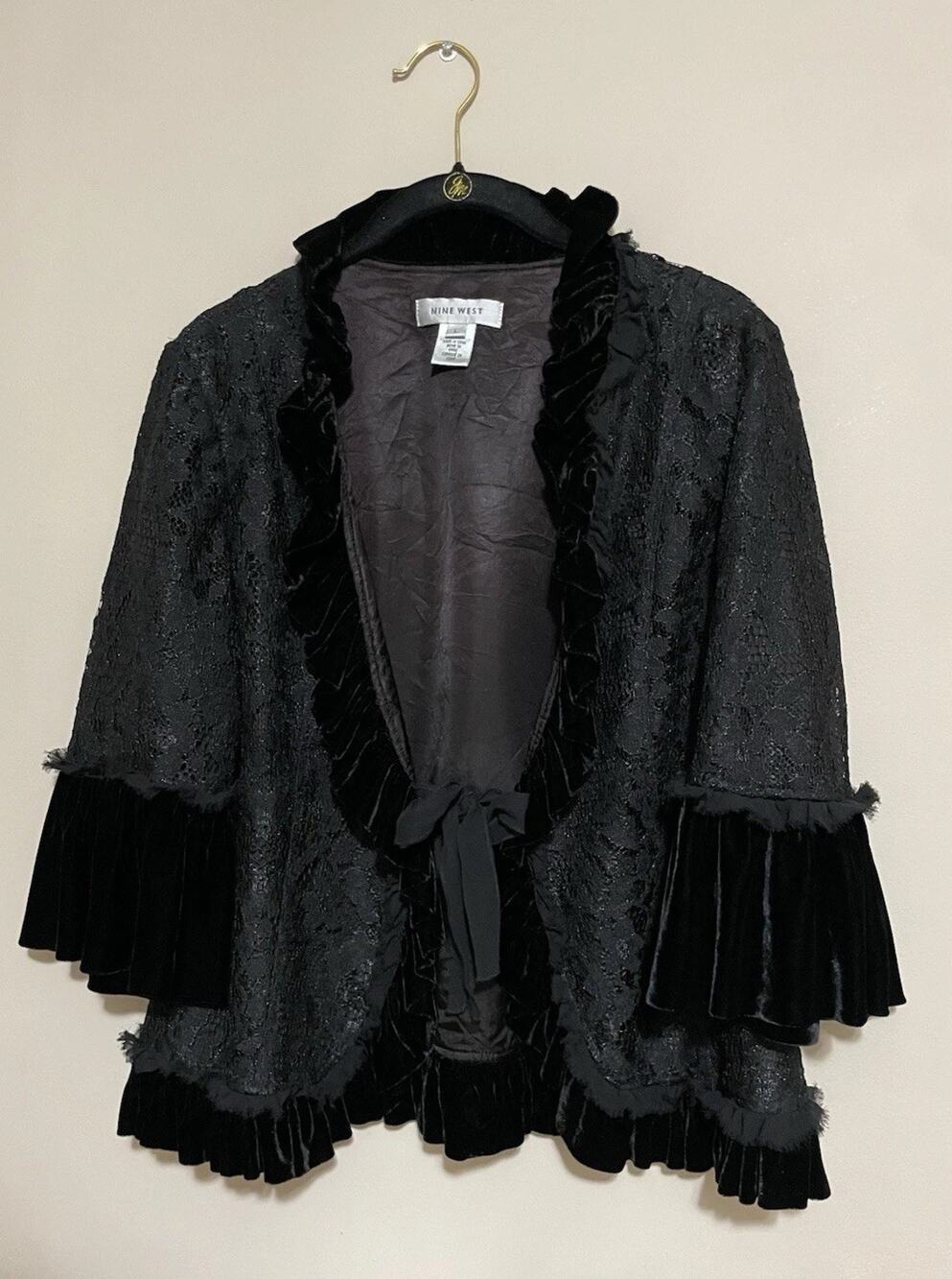 Nine West Black Lace Velvet Jacket Ruffle Trim Tie Front Romantic Goth Size L